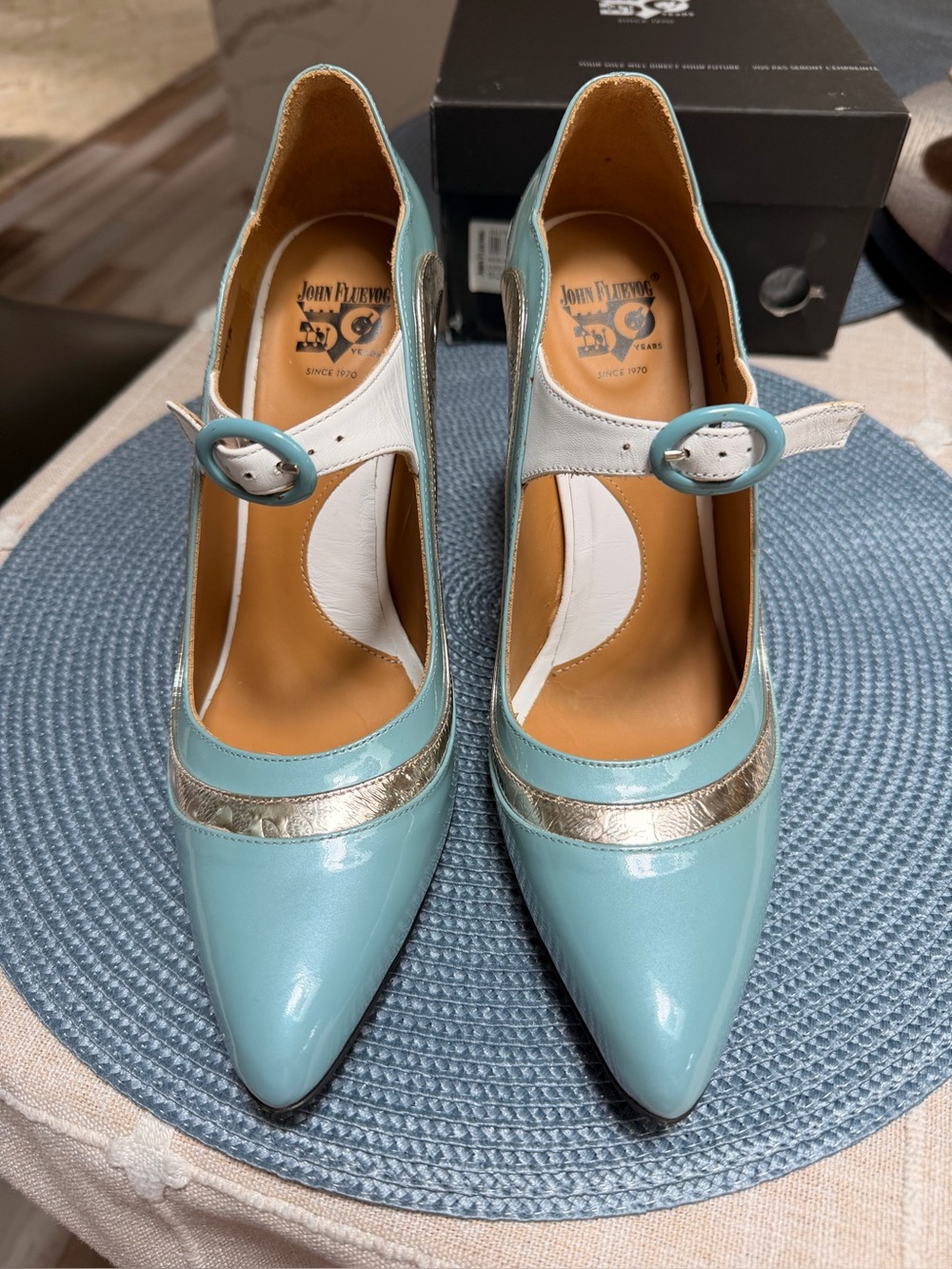 John Fluevog Sky Blue and White Pointed Mary Jane Pump with Metallic Trim - Picture 8 of 8